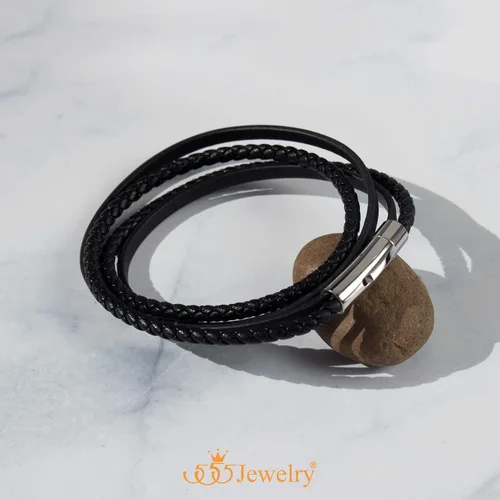 Miniatura 3 de 555Jewelry - Pulsera magnética de acero inoxidable con capas de cordón de cuero trenzado