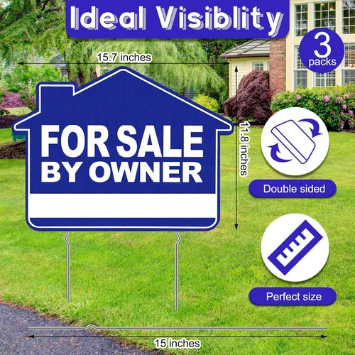 Miniatura 2 de Tatuo Letrero de 3 piezas para la venta por el propietario, 16 x 12 pulgadas, flecha direccional de doble cara para patio, casa con estacas de metal