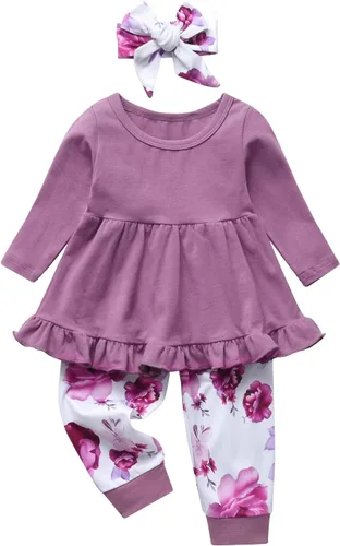 Kulcerry Conjunto de ropa para bebé niña pequeña, color liso, manga larga, volantes, pantalones, diadema
