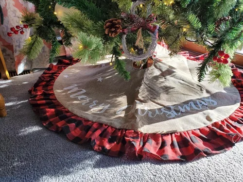 Miniatura 2 de Falda de árbol de Navidad de 36 pulgadas de yute y orilla a cuadros de búfalo, decoración para una feliz fiesta de Navidad, falda de árbol