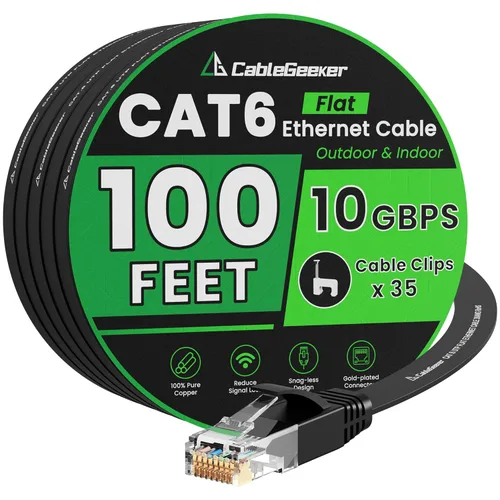 Cable Ethernet Cat 6 de 100 pies, para interiores y exteriores, red de Internet de alta velocidad de 10 Gbps, cable de conexión Ethernet plano de
