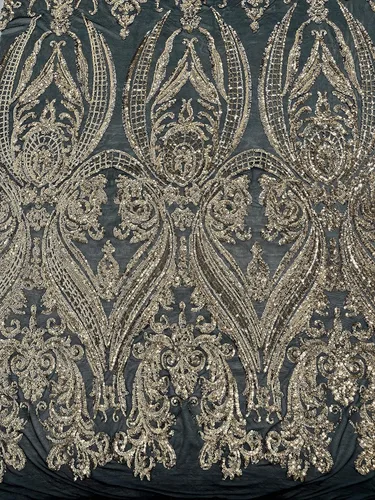 Miniatura 17 de Telón de fondo King INC Empire Damask Design con lentejuelas bordadas en una tela de malla elástica de 4 vías (amarillo brillante)