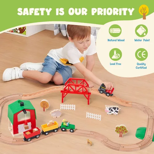 Miniatura 6 de Giant bean Juego de tren de granja de madera de 42 piezas para niños pequeños, tren que funciona con pilas, vía de tren con puente, granero, Juego