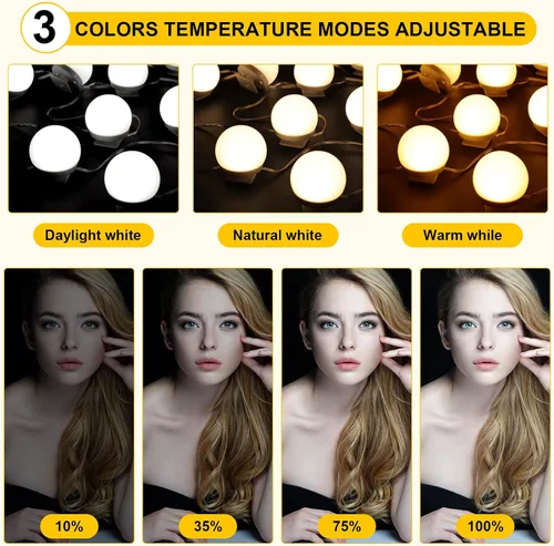 Miniatura 4 de Tuanse Juego de 2 luces LED de tocador, 28 bombillas regulables con 3 modos de color, luz de espejo de maquillaje enchufable con color y brillo
