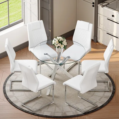 Miniatura 15 de Juego de mesa de comedor redonda para 6, juego de mesa de comedor de vidrio de 39 pulgadas con base de metal ajustable dorada en forma de X y 6