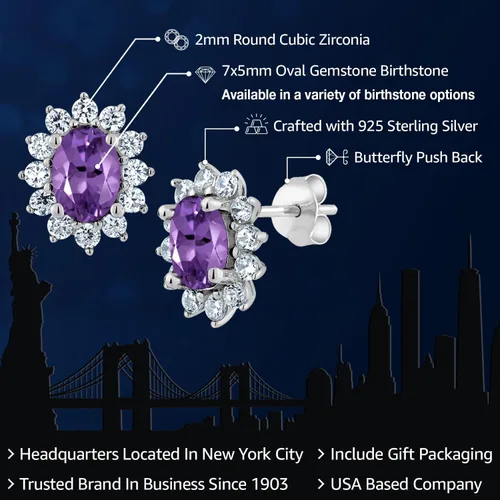 Miniatura 212 de Gem Stone King Aretes ovalados de plata de ley 925 de 0.276 x 0.197 in con piedra natal de la princesa Diana, estilo halo real para mujeres