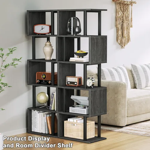 Miniatura 4 de Furologee Estantería de 6 niveles, estantería geométrica alta, estantería industrial en forma de S, estante de pie decorativo de metal y madera