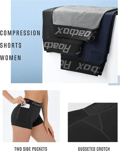 Miniatura 4 de Roadbox Pantalones cortos de compresión de elastano para mujer, pantalones cortos de voleibol de 3"5" con bolsillosin bolsillo, secado rápido