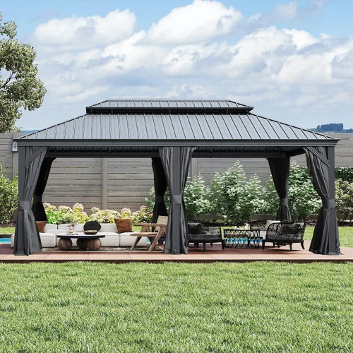 Miniatura 38 de Domi - Cenador de techo rígido de 8 x 8 pies con malla y cortinas, cenador para exteriores con techo doble de acero galvanizado para patio, césped