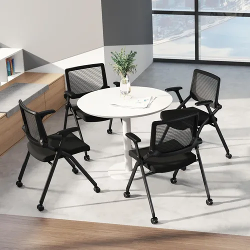 Miniatura 2 de Juego de 2 sillas de oficina plegables con ruedas de PU, malla ergonómica con respaldo elástico, silla apilable para sala de conferencias, silla