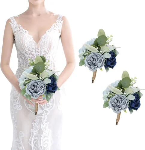 Miniatura 26 de Ramos de dama de honor para boda, juego de 6 ramos de flores artificiales para decoración de otoño, boda, propuesta de matrimonio, fiesta, Naranja