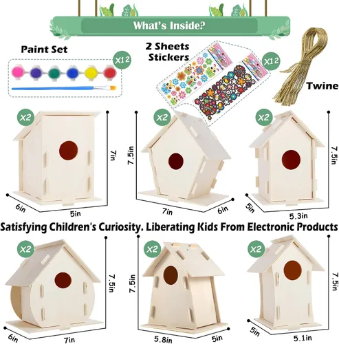 Miniatura 3 de ILHSTY Paquete de 6 casas de pájaros grandes de bricolaje para niños, manualidades para niños, casas de madera para manualidades, fiestas de clase