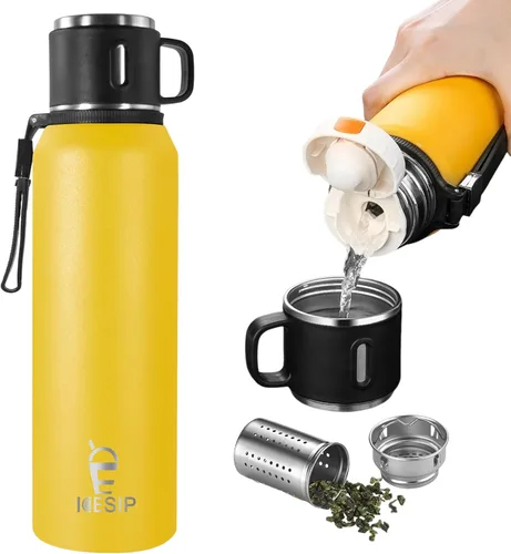Miniatura 18 de Botella aislada de acero inoxidable, 20 onzas con taza, botella de agua aislada al vacío, termo para bebidas calientes/bebidas frías, viaje con Verde
