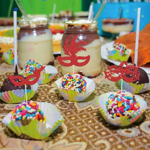 Miniatura 4 de Gyufise 24 máscaras de mascarada para cupcakes con purpurina roja, máscara de despedida de soltera para cupcakes, decoraciones para bailes de Rojo