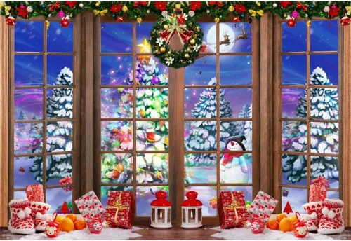 Telón de fondo de ventana de Navidad de 5 x 3 pies para sesión de fotos, bosque de nieve de invierno, muñeco de nieve, fondo nocturno de luna llena