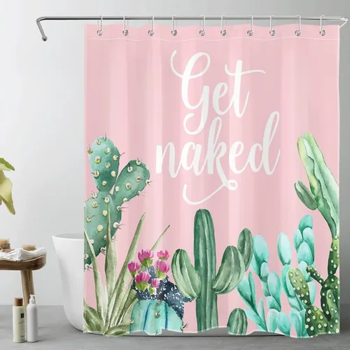 Miniatura 23 de LB Get Naked - Cortina de ducha de cactus con citas divertidas, plantas tropicales, suculentas, verdes, acuarela, cactus y flores, cortinas de ducha