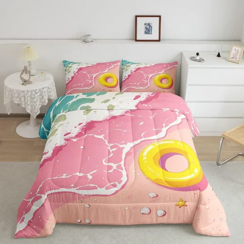 Miniatura 21 de Erosebridal Juego de edredón de ballena náutica, tamaño individual, juego de ropa de cama vintage azul con ondas oceánicas para niños y niñas