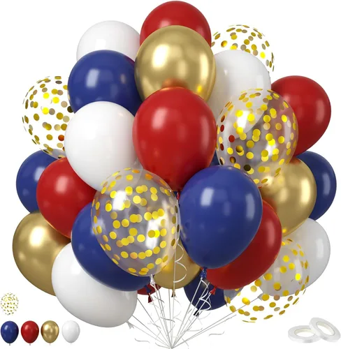 Globo Rojo Blanco Azul, 50 unidades de 12 pulgadas, globos de látex azul marino, rojo rubí oscuro, confeti dorado metálico para baby shower,