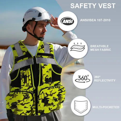 Miniatura 5 de Chaleco de seguridad Hi Vis con cintas reflectantes 3M, tela Oxford con 11 bolsillos, ropa de trabajo de construcción de visibilidad brillante