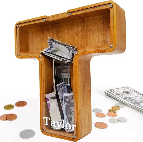 Miniatura 36 de Alcancía para niños y niñas, alcancía grande de madera personalizada con diseño recortado, bancos de monedas con letras del alfabeto, caja de ahorro