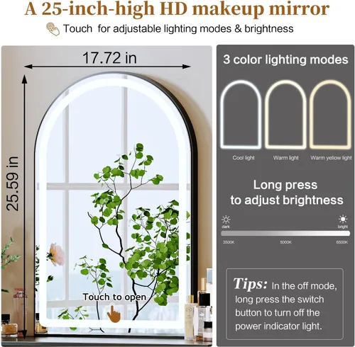 Miniatura 7 de Ieejdn Negro, Escritorio de tocador con espejo y luces, Tocador de maquillaje con toma de corriente y gabinete ajustable, Mesa de maquillaje moderna
