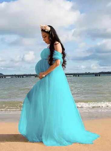 Miniatura 6 de ZIUMUDY Vestido largo de sesión de fotos de tul con hombros descubiertos para maternidad, manga caída, vestido de tul transparente
