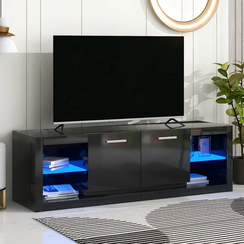 Miniatura 2 de Soporte de TV versátil de alto brillo con luces LED que cambian de color y 2 estantes de vidrio templado, centro de entretenimiento para televisores