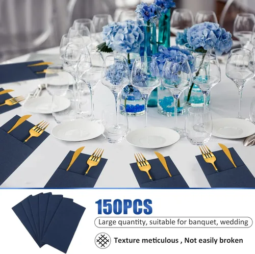 Miniatura 7 de Cindeer 150 piezas de servilletas de cena azul marino con sensación de lino, bolsillo plano incorporado, preplegadas, servilletas de papel 2-Azul