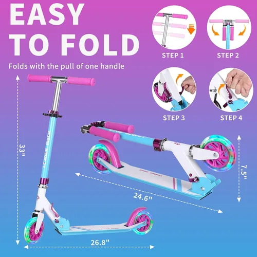 Miniatura 6 de Kick Scooter - Scooter portátil plegable para niños, diseño plegable ligero con alta visibilidad RGB iluminado LED en ruedas RGB colorido