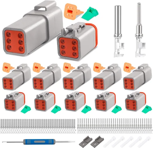 JRready Kit de conectores Deutsch DT de 6 pines gris, serie DT, 5 juegos, impermeables, tamaño 16, contactos estampados 14-18AWG para coche, camión,