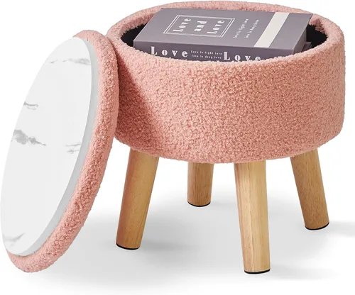 Miniatura 14 de IBUYKE Taburete otomano de 13 pulgadas con almacenamiento, reposapiés pequeño redondo con asiento acolchado y patas de madera, mini reposapiés