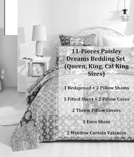 Miniatura 2 de DaDalogy Bedding - Juego de cama bohemia de 11 piezas en una bolsa, colcha de retazos de algodón floral marrón y verde con estampado de cachemira
