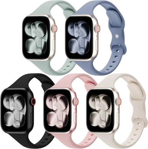Miniatura 15 de Paquete de 5 bandas de silicona delgadas compatibles con Apple Watch de 38mm 42mm 40mm 44mm 41mm 45mm 46mm 49mm, correa deportiva estrecha y delgada