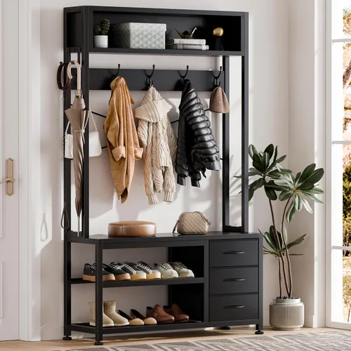 Miniatura 2 de Lulive Perchero de pie con banco y almacenamiento de zapatos, perchero independiente de 31.5" con estante de almacenamiento de 2 niveles, banco