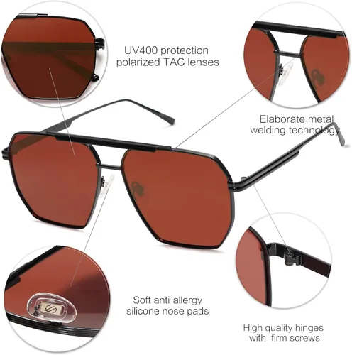 Miniatura 4 de SOJOS Gafas de sol polarizadas cuadradas de gran tamaño retro para mujeres y hombres, tonos vintage, UV400, lentes de sol clásicos grandes de metal