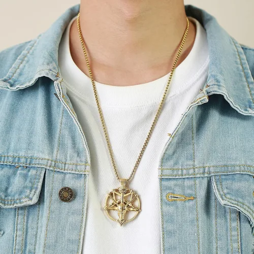Miniatura 5 de TempBeau Collar con colgante de pentagrama satánico Baphomet Cadena de eslabones de pentáculo invertida hecha a mano, iglesia satanista, punk