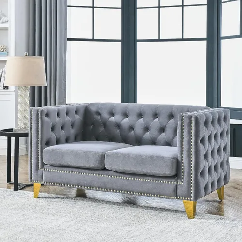 Miniatura 11 de Sofá moderno Chesterfield de terciopelo de 58 pulgadas, respaldos tapizados con brazos de cabeza de clavo, sofá biplaza para sala de estar