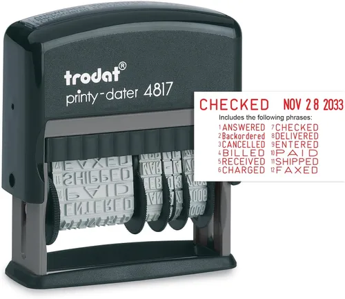 Miniatura 9 de Trodat Printy 4817 Economy Dial-A-Phrase, 12 mensajes populares de oficina, mes en letras, día y año en números, sello de fecha de goma – Negro