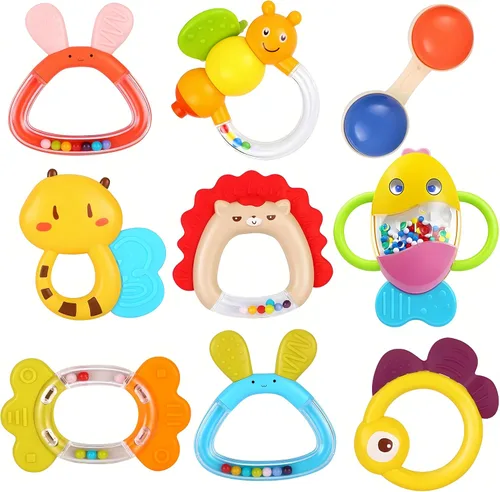 MOONTOY 9 piezas de sonajeros para bebés de 3-6 meses, juguetes de dentición para bebés de 3-6 meses, mordedores juguetes para bebés de 6-12 meses,