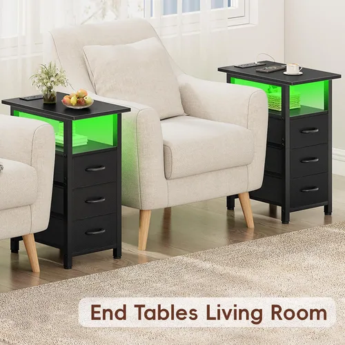 Miniatura 7 de Vagusicc Mesita de noche negra con estación de carga y luces LED, mesa auxiliar estrecha, mesita de noche LED con 3 cajones de tela para dormitorio