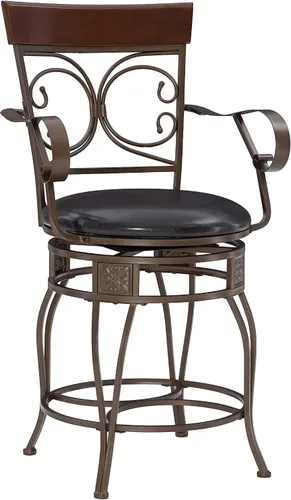 Powell Dayne - Taburete grande y alto de 24 asientos con brazos en metal de bronce oscuro con asiento acolchado de piel sintética marrón oscuro con