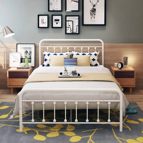 Miniatura 11 de DUMEE Base de cama de metal tamaño matrimonial con cabecera y estribo vintage, almacenamiento debajo de la cama, no necesita somier