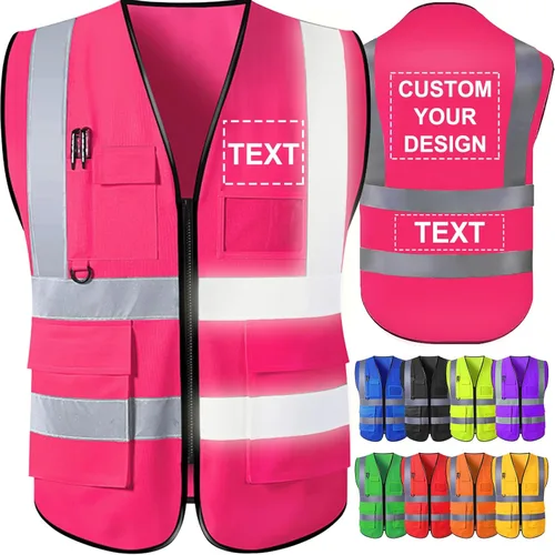 Miniatura 11 de Chaleco de seguridad personalizado para hombre con bolsillos con logo, chalecos reflectantes de alta visibilidad para construcción, ropa de Naranja