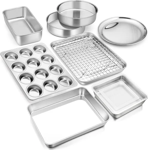 Miniatura 9 de E-far Juego de 3 bandejas para hornear galletas, 16/12.4/10.4 pulgadas, juego de bandejas de acero inoxidable para horno, bandeja rectangular