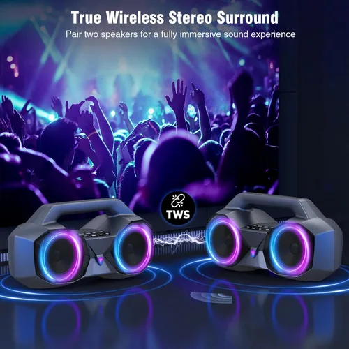 Miniatura 10 de KMAG Altavoz Bluetooth inalámbrico, altavoz de 80 W con graves más profundos, IPX7 impermeable, tiempo de reproducción de 20 horas, luces frías