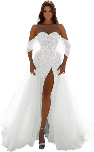Vestidos de fiesta de lentejuelas con purpurina 2025 con abertura de sirena de tul de noche brillante elástico vestido formal con cola no