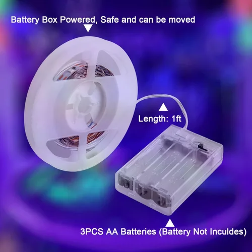 Miniatura 4 de Tiras de luz LED negras de 6.6 pies, 120 tiras LED UV a pilas para fiesta brillante, Halloween, vidrio, póster, pintura, batería no incluida