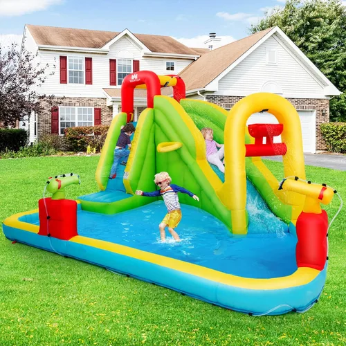 Miniatura 2 de HONEY JOY Tobogán acuático inflable, parque acuático inflable 7 en 1 para patio trasero de niños, piscina de chapoteo, pared de escalada, toboganes