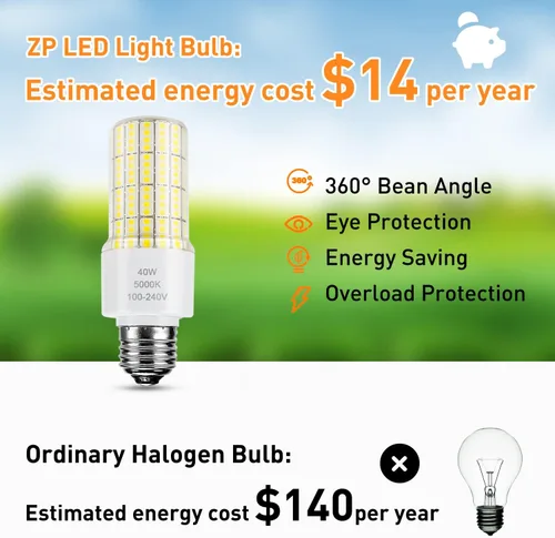 Miniatura 3 de ZP Paquete de 2 bombillas LED A19 300 W equivalentes a 40 W, 5000 lúmenes, 5000 K, luz blanca fría, base E26/E27, iluminación impermeable