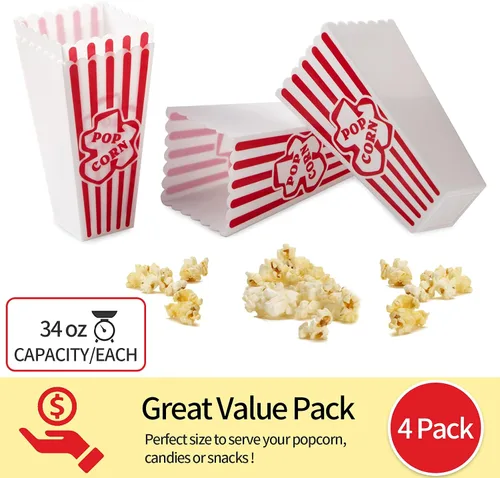 Miniatura 6 de RAYMEA Recipientes de plástico para palomitas de maíz, cajas reutilizables de estilo retro a rayas rojas y blancas para noche de cine de 4 x 8